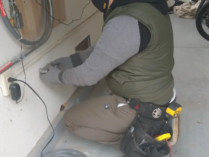 Electrician performing outlet wiring in a Griffin garage